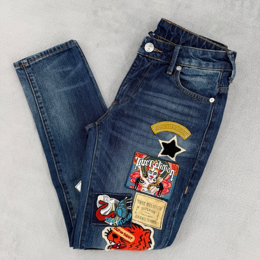 True Religion Audrey Slim Boyfriend Patchwork Jeans Womens 24 Blue  Mid Rise